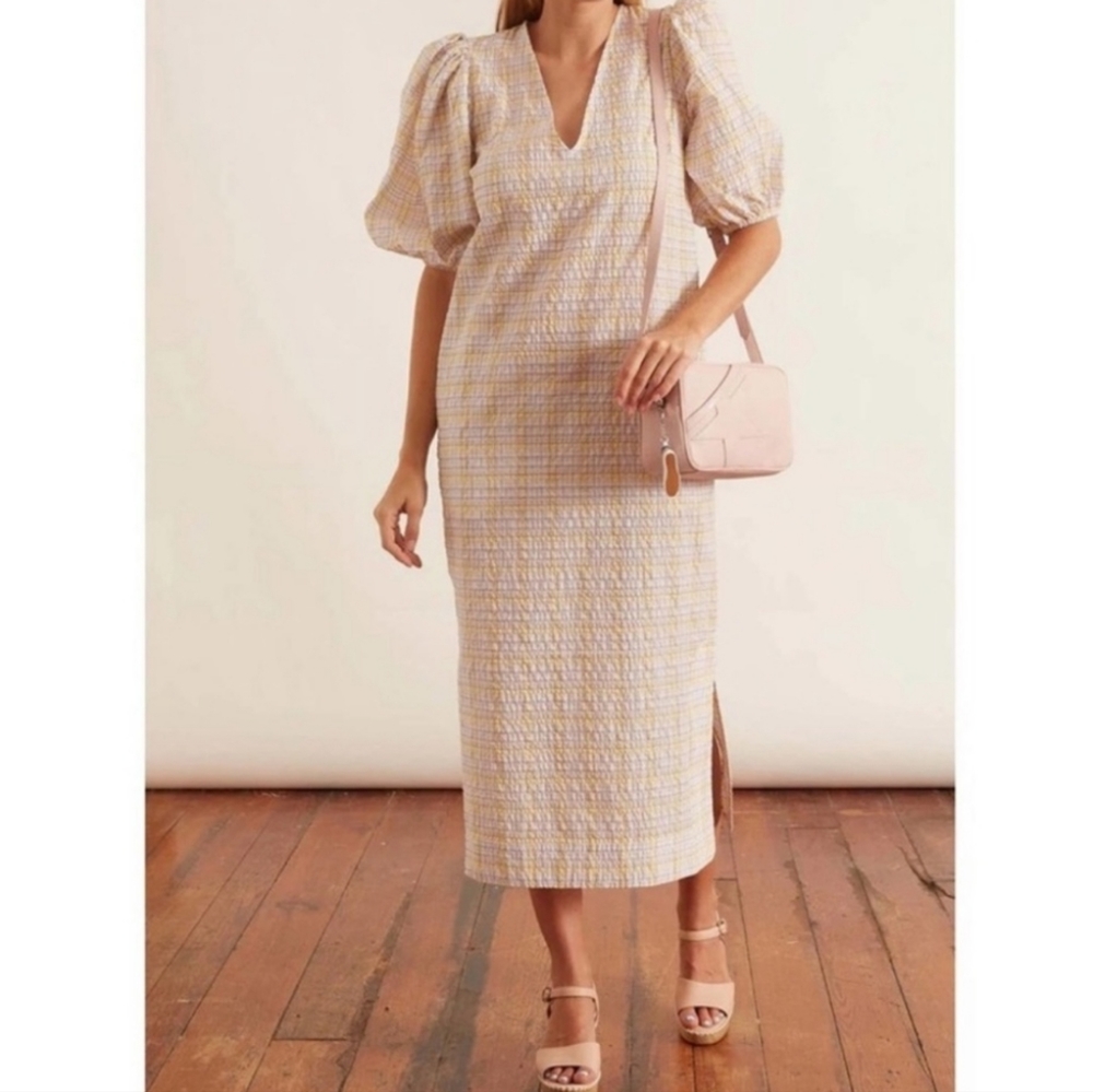 GANNI | Seersucker Pastel Checkered Puffy Sleeve Midi Dress EU 36 - Picture 4 of 14